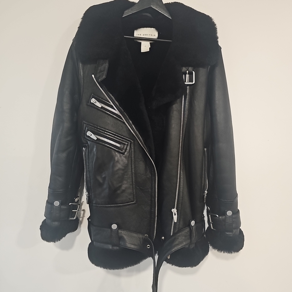 The Arrivals Womens Moto Black Leather Shearling Jacket